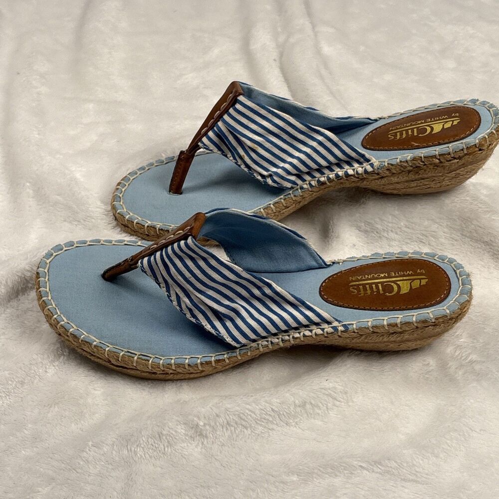 Cliffs Espadrille Thong Sandals Womens Sz 8M Blue White Striped Nautical Flat